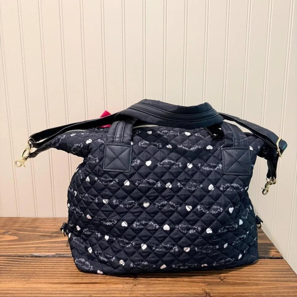 Betsey Johnson Quilted Black‎ Heart Bow Satchel Tote Floral Lined Travel Bag